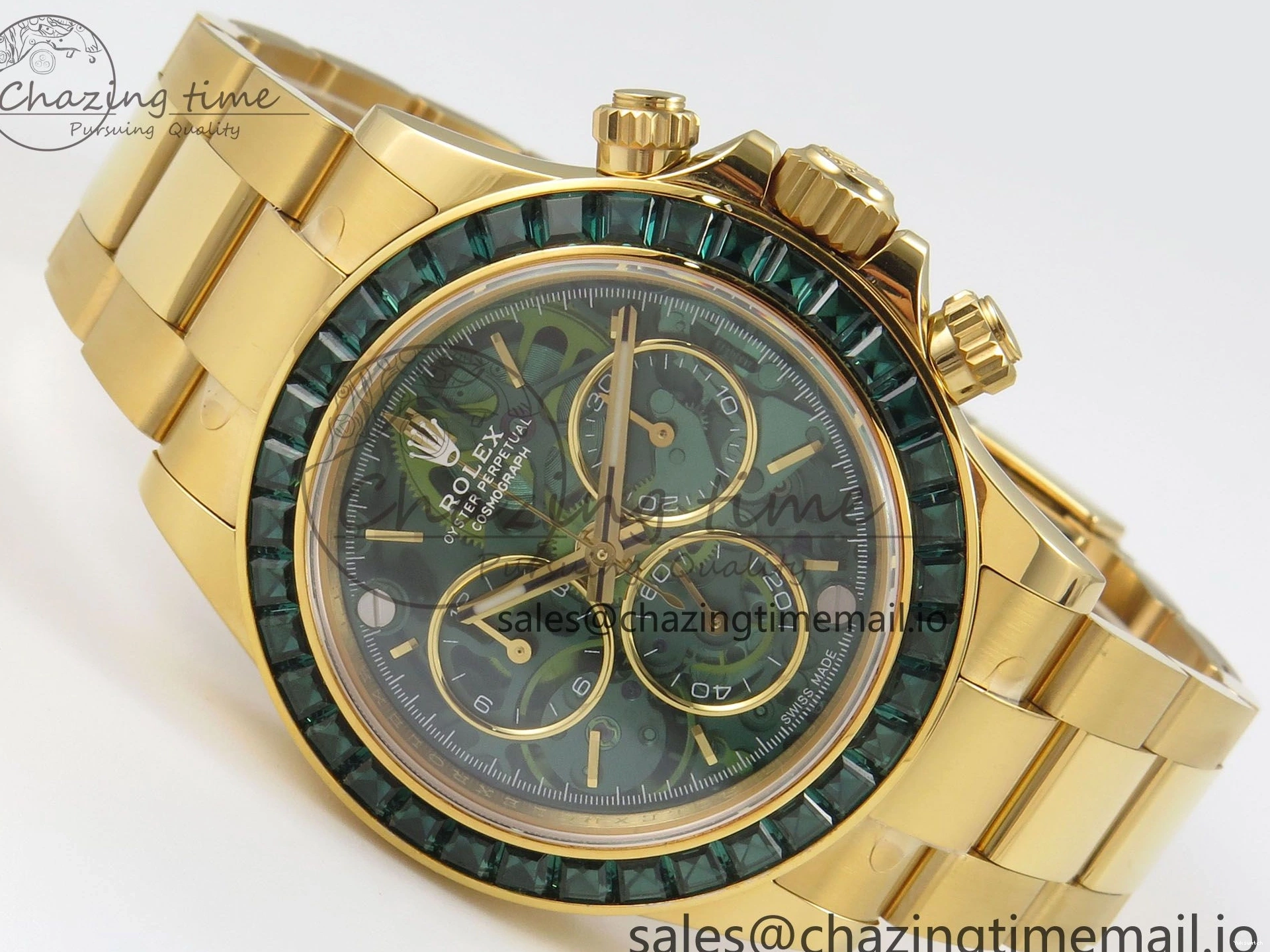 Bezel YG Crystals MPF SA4801 Skeleton Bracelet Custom 40mm Modded Green Dial Daytona on 0427